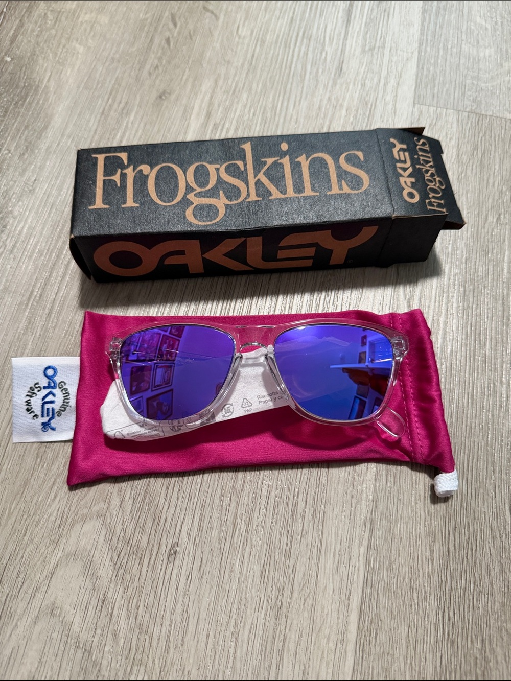 Oakley Frogskins Clear Frame Sunglasses with Purple-Blue Mirror Lenses